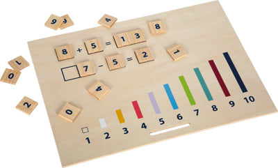 Lernbox Rechenstäbchen mit Zahlen „Educate“: Mathetafel mit Zahlenplättchen für Addition und Subtraktion sowie farbigen Balken mit der Beschriftung 1–10.