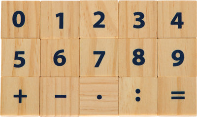 Lernbox Rechenstäbchen mit Zahlen „Educate“: Holzblöcke mit den Zahlen 0–9 sowie Symbolen für Addition, Subtraktion, Division, Dezimalzahl und Gleichheit.