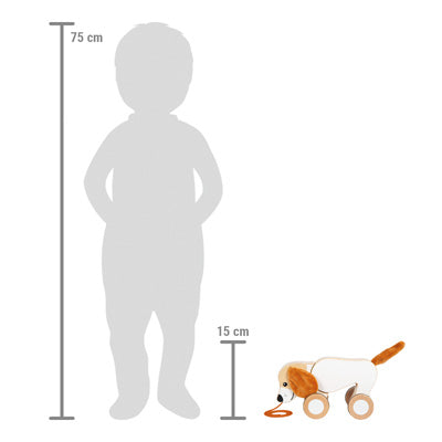 Silhouette eines 75 cm großen Kindes neben dem Nachziehtier Hund mit Knisterohren, einem 15 cm großen Spielzeughund auf Rädern.