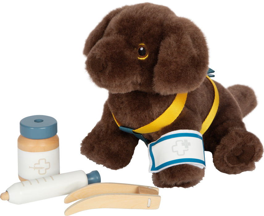 Hund mit Tasche und Pflege-Set: Plüschhund mit braunem Fell, Mediziner-Armband und Spielzeug-Vet-Zubehör wie Spritze, Dose und Pinzette.