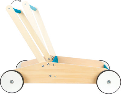 Der Lauflernwagen Petrolblau ist ein Lauflernwagen aus Holz mit vier Rädern und zwei Griffen, perfekt für kleine Kinder, die das Laufen lernen.