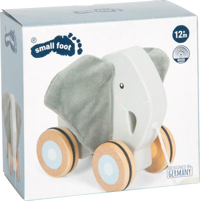 Das Nachziehtier Elefant mit Knisterohren ist ein hölzernes Nachziehspielzeug für Kinder mit großen Knisterohren und rollenden Rädern.