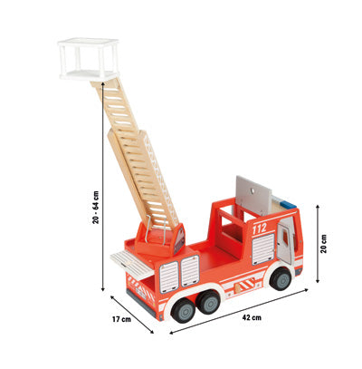 Spielzeug-Feuerwehrauto aus Holz mit ausziehbarer Leiter, Maße: 42x17x20-64 cm.
