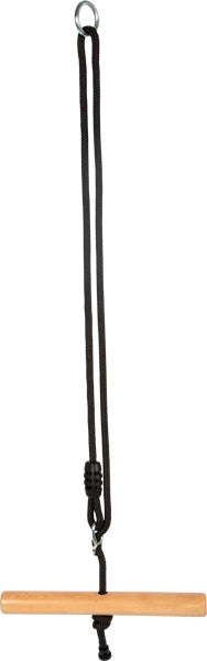 Die Trapezschaukel Twist „Black Line“ besteht aus einer Trapezstange aus Holz mit schwarzem Seil und einem Metallring zum Aufhängen, präsentiert vor einem weißen Hintergrund.