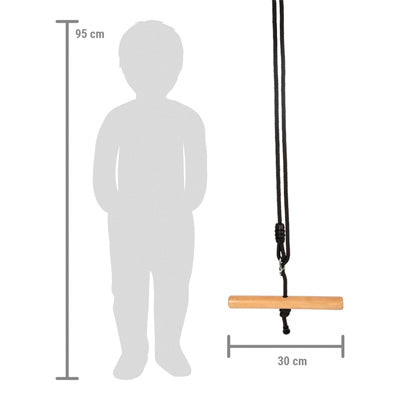 Silhouette eines Kindes, das neben der Trapezschaukel Twist „Black Line“ Holzschaukel mit Größenangaben steht.