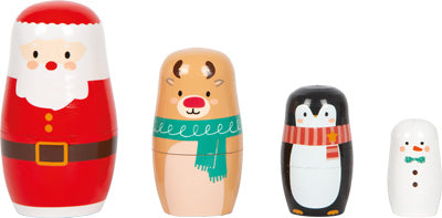 Vier Nistpuppen, bemalt als Weihnachtsmann, Rentier, Pinguin und Schneemann, aufgereiht vom größten zum kleinsten.