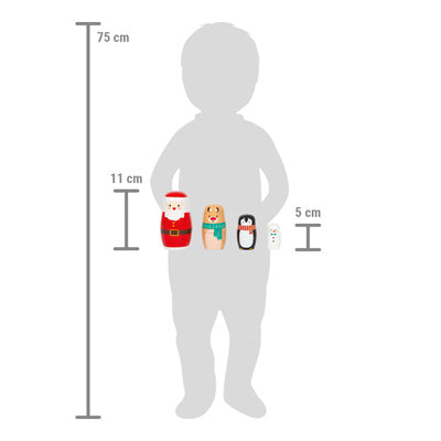 Kindersilhouette (75 cm) mit vier Nistpuppen im Vordergrund: Weihnachtsmann (11 cm), Bär, Pinguin und Schneemann (5 cm).