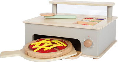 Holzspielzeug-Pizzaofen-Set mit einer Pizza auf einer Schaufel, Belag und einer Arbeitsplatte mit Fächern.