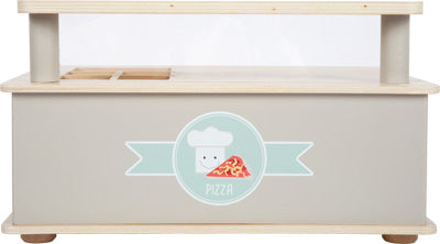 Graue Pizzatheke aus Holz mit Kochmützen-Logo und einer Abbildung von Pizzastücken auf der Vorderseite.