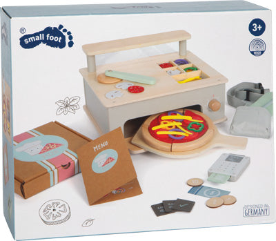 Spielzeug-Pizza-Spielset mit Holzpizza, Utensilien, Speisekarte und Zubehör in einer Box für Kinder ab 3 Jahren.