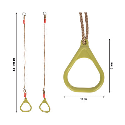 Zwei grüne Turnringe mit verstellbaren Seilen; daneben und darunter sind Maße und Abmessungen angegeben.