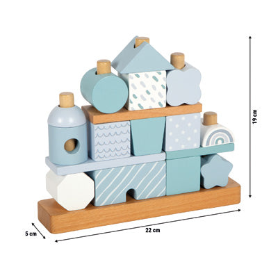 Spielzeugklötze aus Holz in Pastellblau und Weiß, gestapelt auf einem Holzsockel; Maße in Zentimetern angegeben.