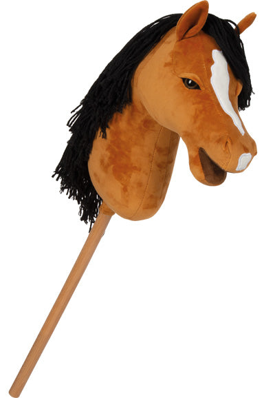 Ein braunes Steckenpferd mit weißer Blesse, schwarzer Mähne und Holzstiel.