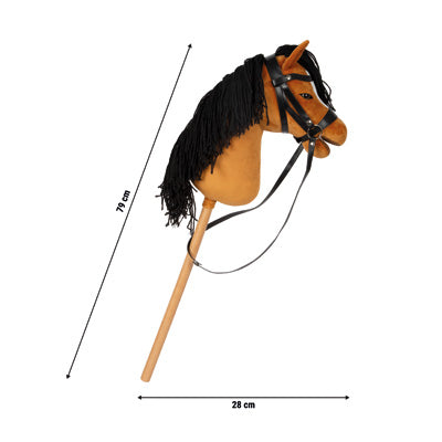 Spielzeug Steckenpferd mit schwarzer Mähne und Zaumzeug, Holzstab und Größe Abmessungen von 70 cm mal 28 cm.