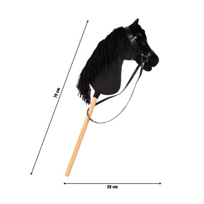 Ein schwarzes Steckenpferd mit einem Holzstab und Zügeln, 70 cm hoch und 28 cm breit.