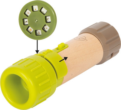 Spielzeug-Taschenlampe mit einer drehbaren Scheibe, die kleine Insektenbilder zur Projektion zeigt.
