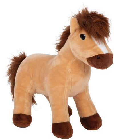 Hellbraunes Plüschspielzeugpferd mit einem weißen Streifen im Gesicht und dunkelbrauner Mähne, Schweif und Hufen.