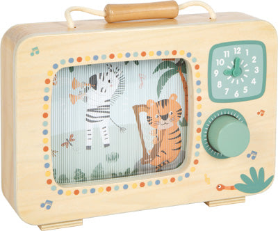 Spielzeugradio aus Holz mit einer Zebra- und Tigerdarstellung, einem grünen Knopf, einer Uhr und einem Griff an der Oberseite.