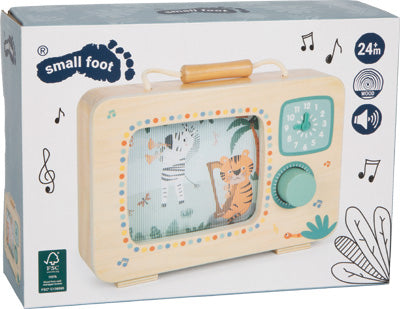 Holzspielzeug-TV mit Zebra- und Tigerillustration, Musiknoten auf der Schachtel ab 24 Monaten.