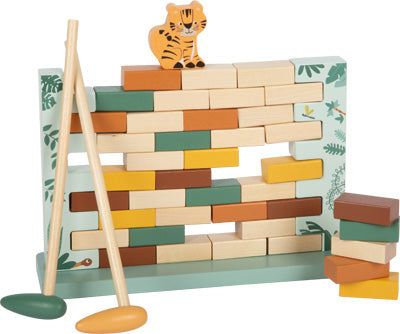 Holzklötzchenspiel mit farbigen Steinen, einer Tigerfigur obenauf, Schlägern und einem Hintergrund mit Naturmotiven.