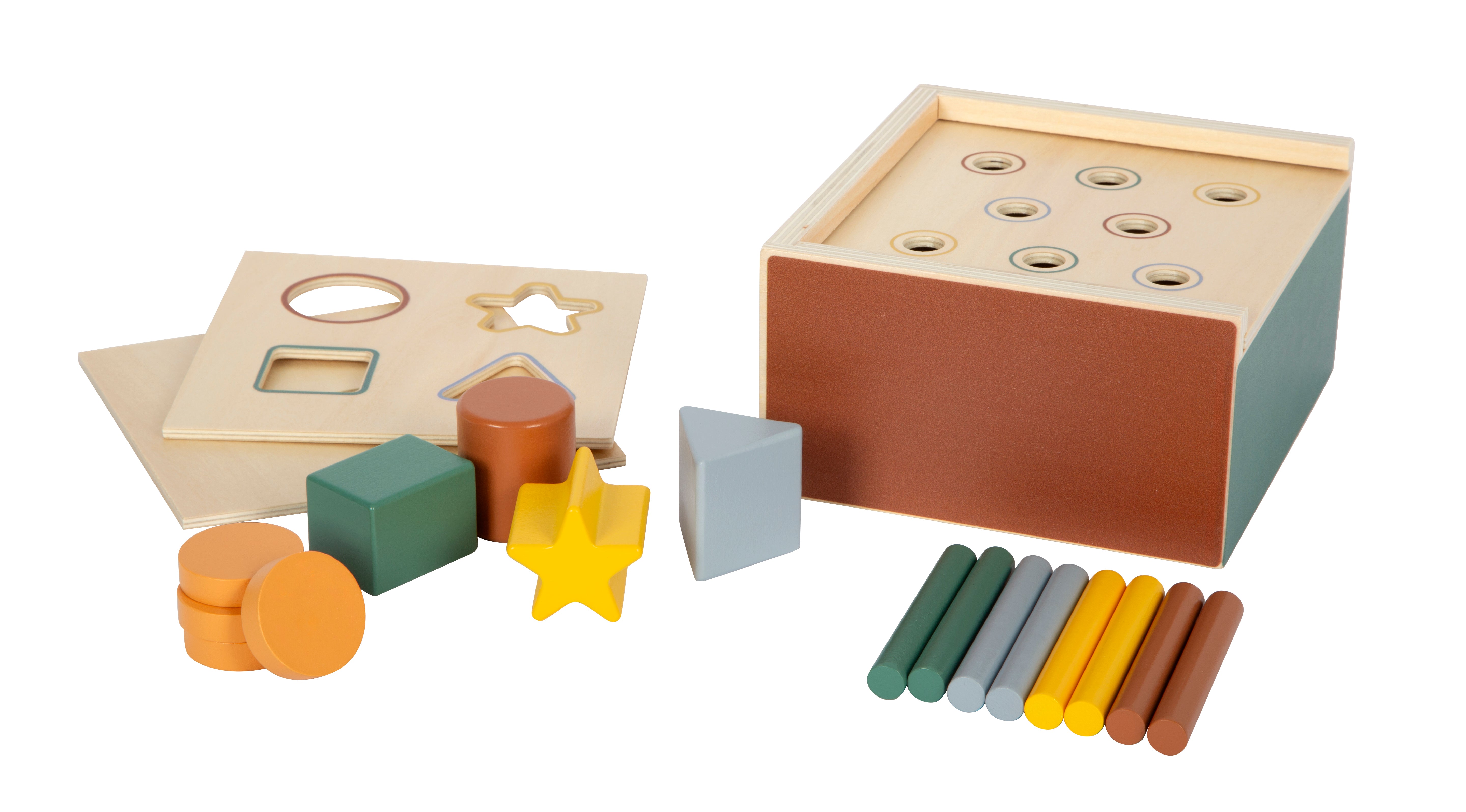 Holzspielzeug zum Sortieren von Formen mit geometrischen Blöcken, passenden Brettern und bunten Stäben.