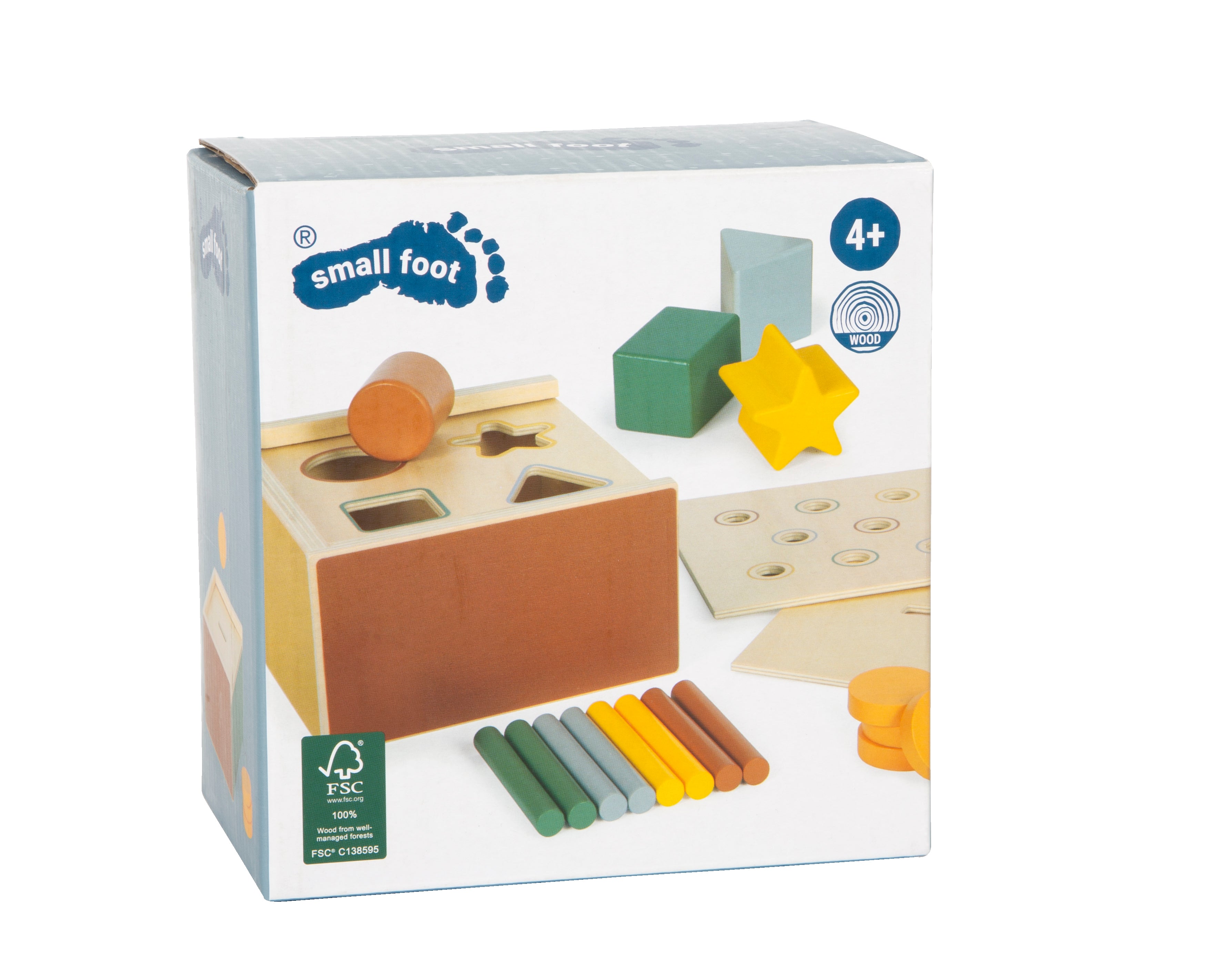 Holzspielzeug mit kleinen Füßen, mit bunten Formen und Stäben, für Kinder ab 4 Jahren.