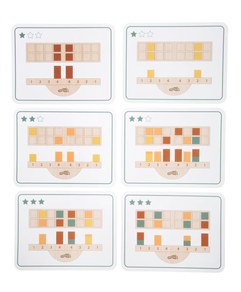 Sechs Karten mit farbigen Quadraten und nummerierten Skalen für Zuordnungs- oder Sortieraufgaben.