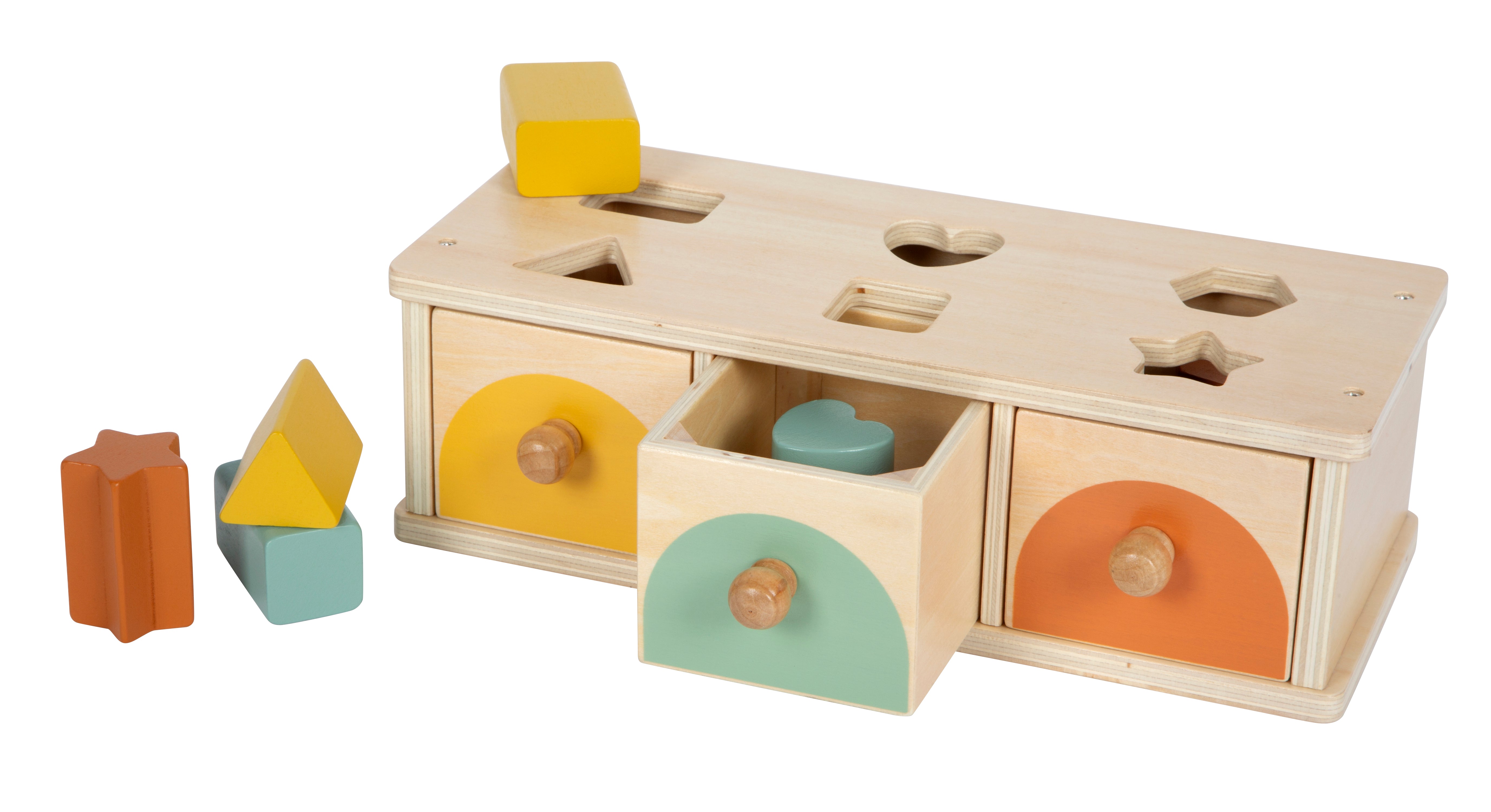 Holzspielzeug zum Sortieren von Formen mit bunten Blöcken und Schubladen zum Zuordnen und Aufbewahren verschiedener Formen.