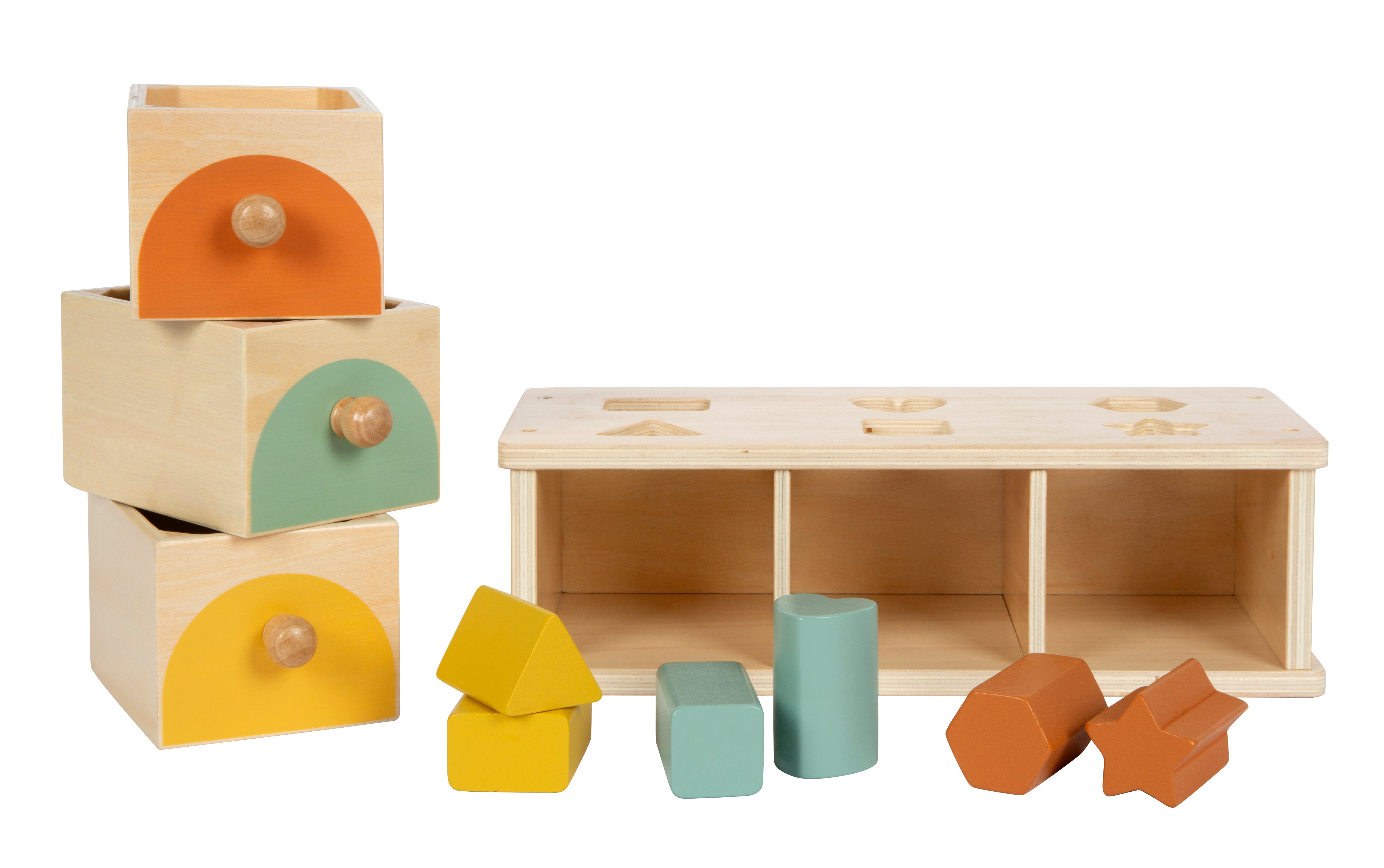 Holzspielzeug mit farbigen Schubladen und verschiedenen geometrischen Blöcken in Gelb, Grün, Orange.