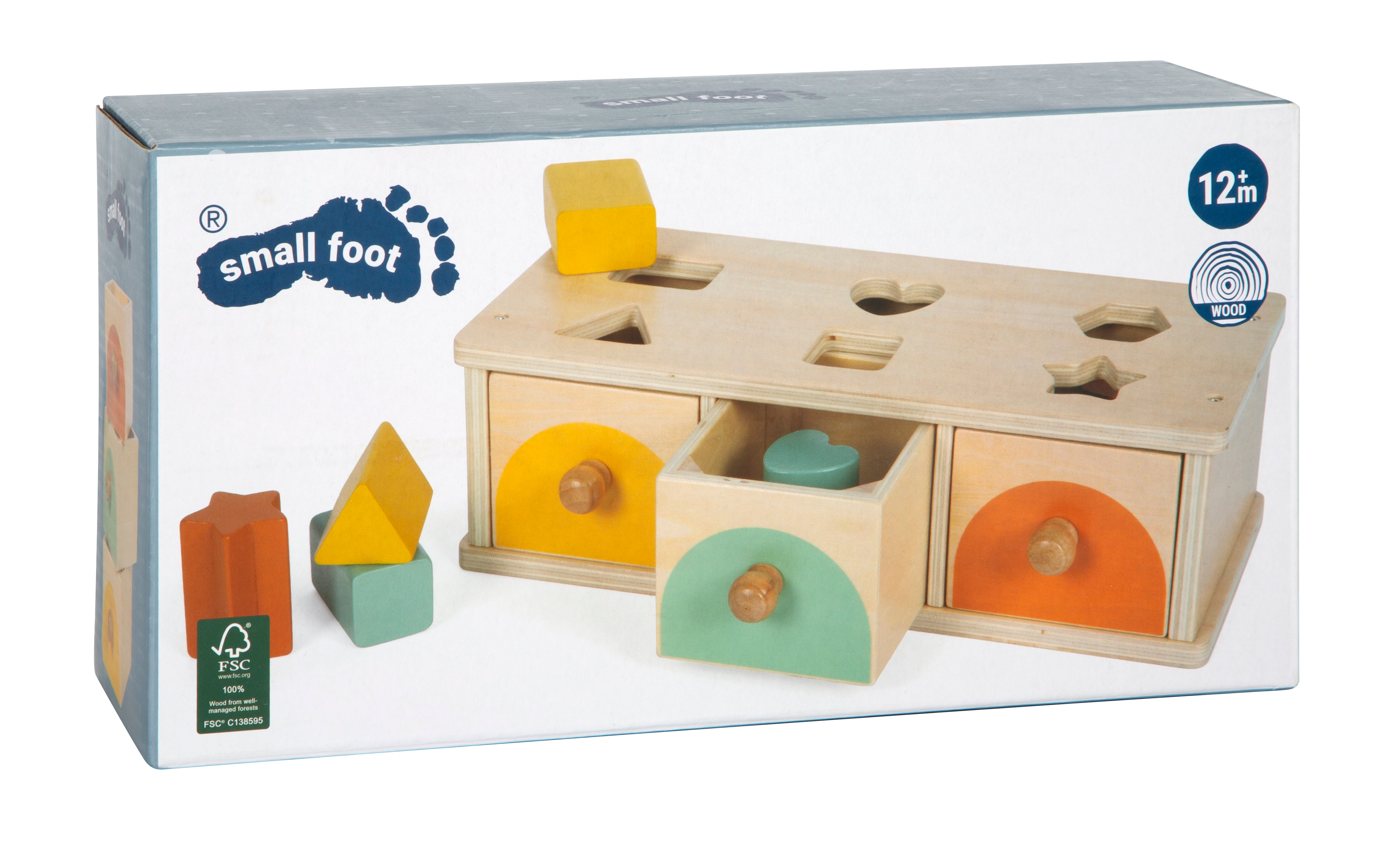 Holzspielzeug zum Sortieren von Formen mit bunten Schubladen und Blöcken, für Kinder ab 12 Monaten.