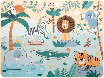 Buntes Holzpuzzle mit Cartoon-Dschungeltieren: Tukan, Zebra, Löwe, Koala, Elefant, Krokodil und Tiger.