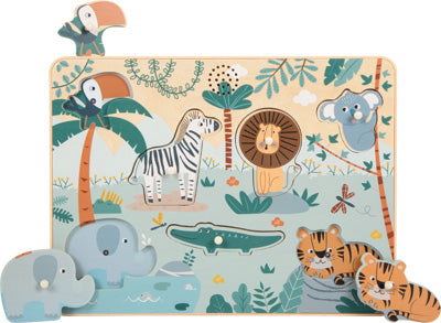 Buntes Holzpuzzle mit Cartoon-Dschungeltieren: Tukan, Zebra, Löwe, Koala, Elefant, Krokodil und Tiger.