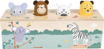 Spielzeugkiste aus Holz mit aufklappbaren Tierköpfen: Elefant, Affe, Zebra und Gepard, mit Tierillustrationen auf der Vorderseite.