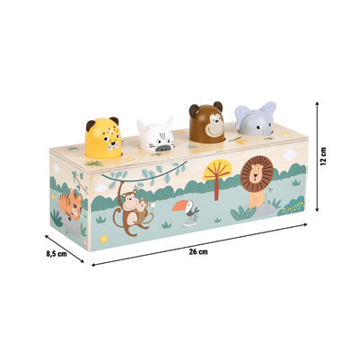 Rechteckige Tier-Pop-up-Spielzeugbox mit vier Tierköpfen und Dschungel-Illustrationen, Maße beschriftet.