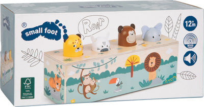 Spielzeugschachtel mit Pop-up-Tierfiguren auf der Oberseite und Dschungeltierillustrationen an den Seiten.