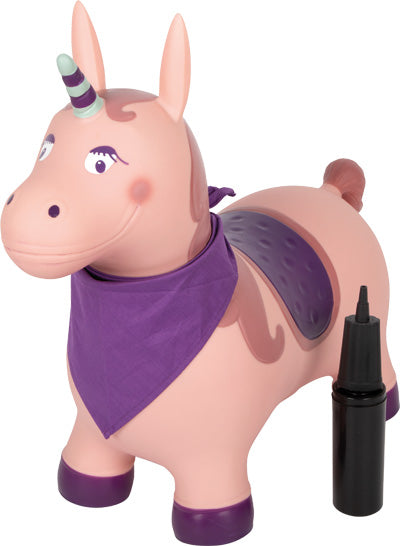 Rosa aufblasbares Einhorn-Spielzeug mit lila Halstuch und Horn, neben einer schwarzen Luftpumpe.