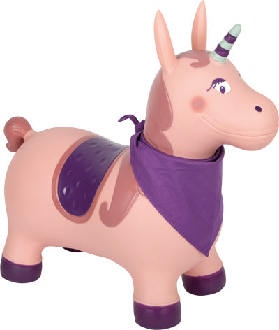 Rosa aufblasbares Einhorn-Spielzeug mit lila Akzenten, einem Halstuch und einem Horn, das für Kinder zum Reiten gedacht ist.