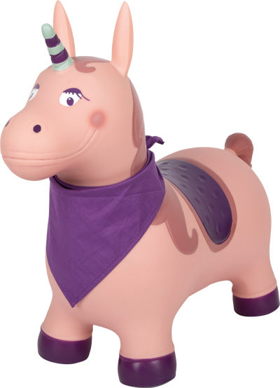 Rosa aufblasbares Einhorn mit lila Horn, Halstuch und Hufen, das von Kindern geritten werden kann.