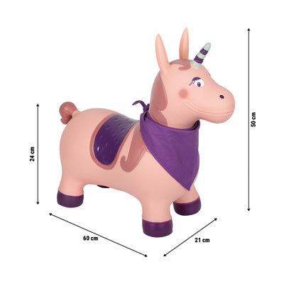 Rosa aufblasbares Einhorn-Spielzeug mit lila Akzenten, Kopftuch und Abmessungen: 60x21x24 cm; 50 cm hoch.
