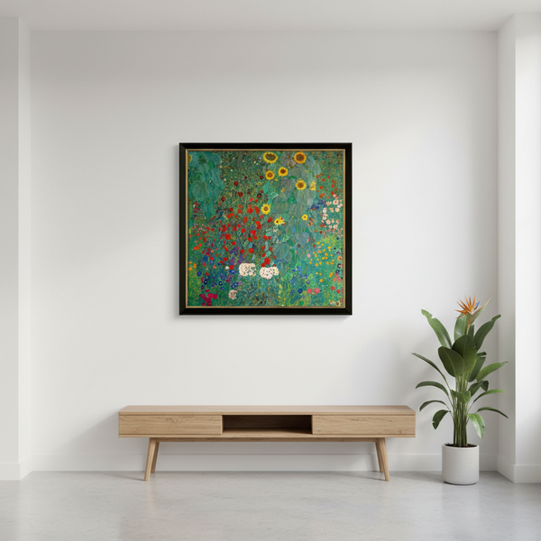 Gustav Klimt: Bild "Bauerngarten mit Sonnenblumen", Version schwarz-goldfarben gerahmt