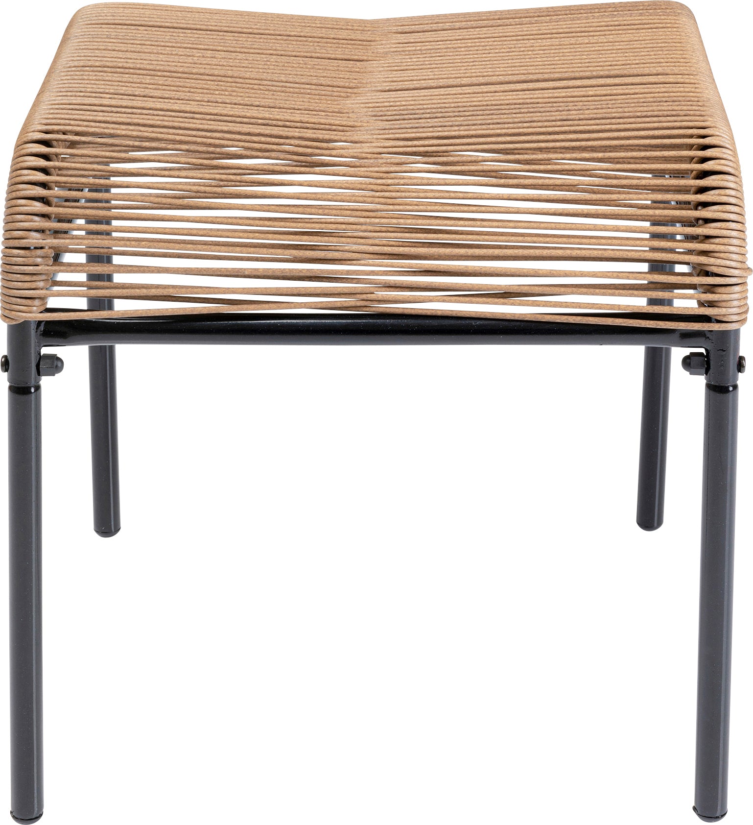 Der Hocker Acapulco schwarz/natur verfügt über einen schwarzen Metallrahmen und eine hellbraune Sitzfläche aus eng gewickelten Schnüren. Seine konturierte Sitzfläche und das minimalistische Design machen ihn ideal für moderne Interieurs.