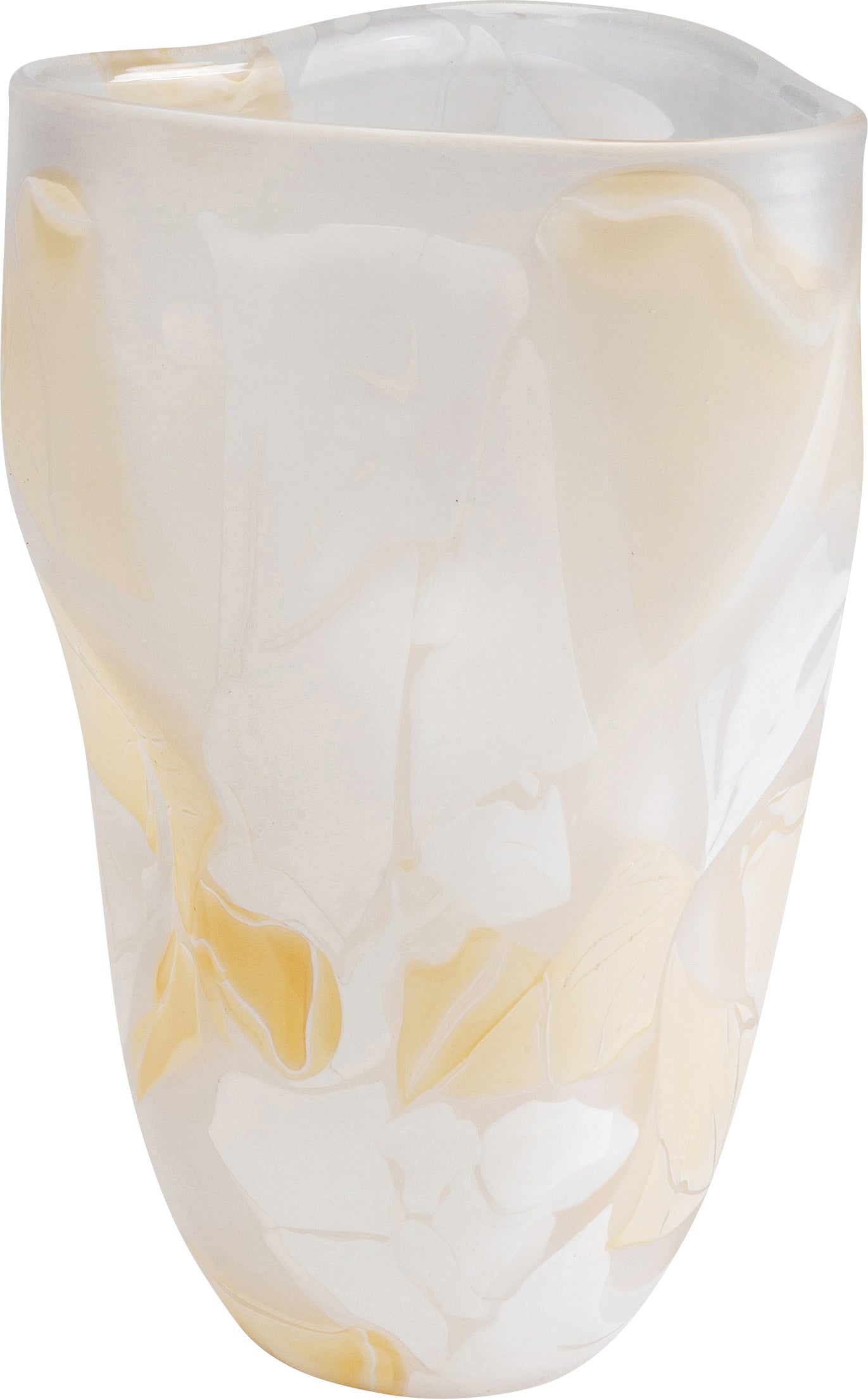 Die Vase Galicia Beige ist eine durchscheinende, unregelmäßig geformte Glasvase mit Wirbeln aus Weiß und Hellbeige – ein auffälliges Dekorelement, das sich perfekt für Blumenarrangements eignet.