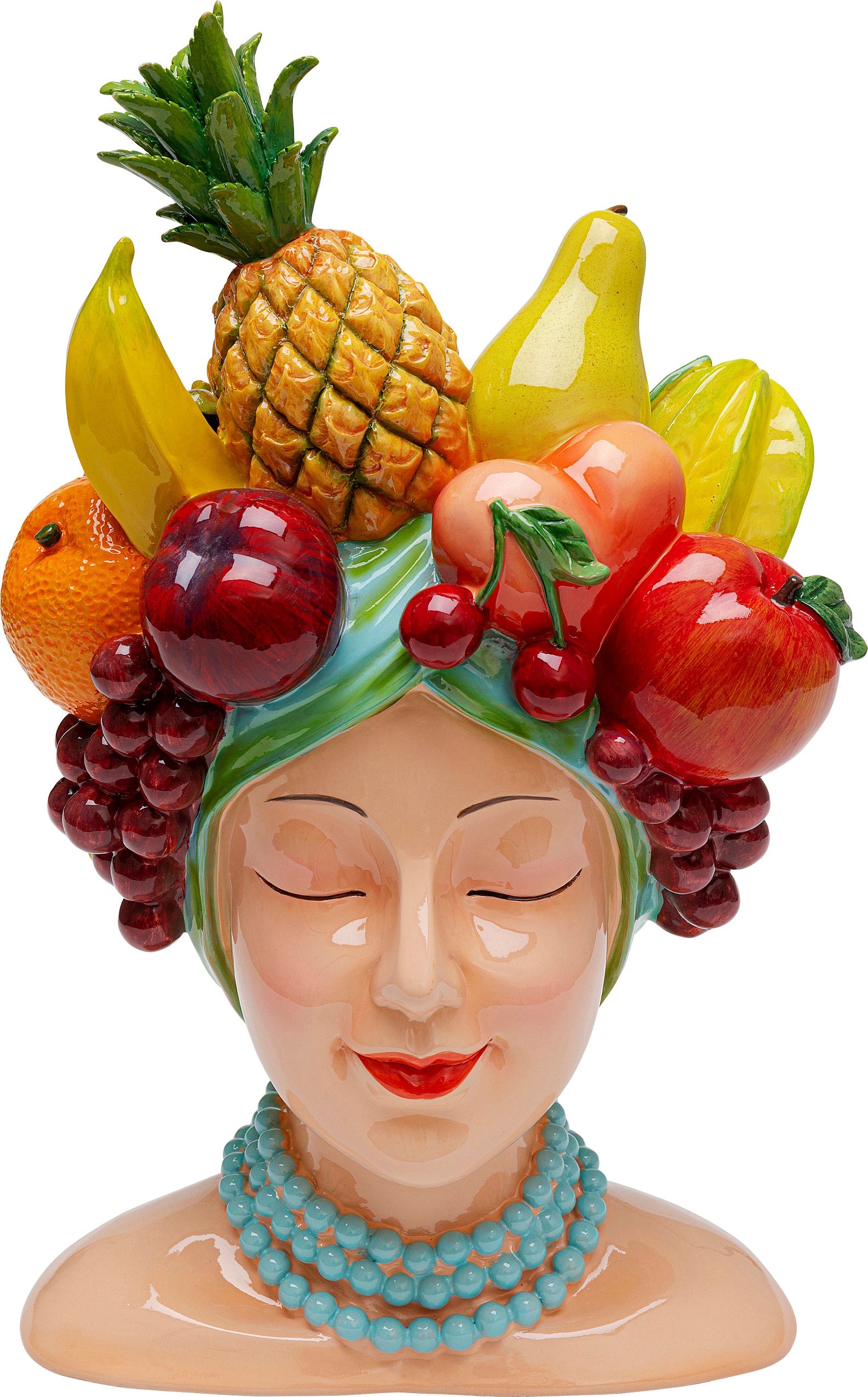 Die Deko Vase Fruity ist eine einzigartige Keramikbüste einer lächelnden Frau mit einem farbenfrohen Fruchtkopfschmuck und einer türkisfarbenen Halskette, perfekt als auffälliges Mittelstück oder Couchtisch-Deko für Ihr Zuhause.
