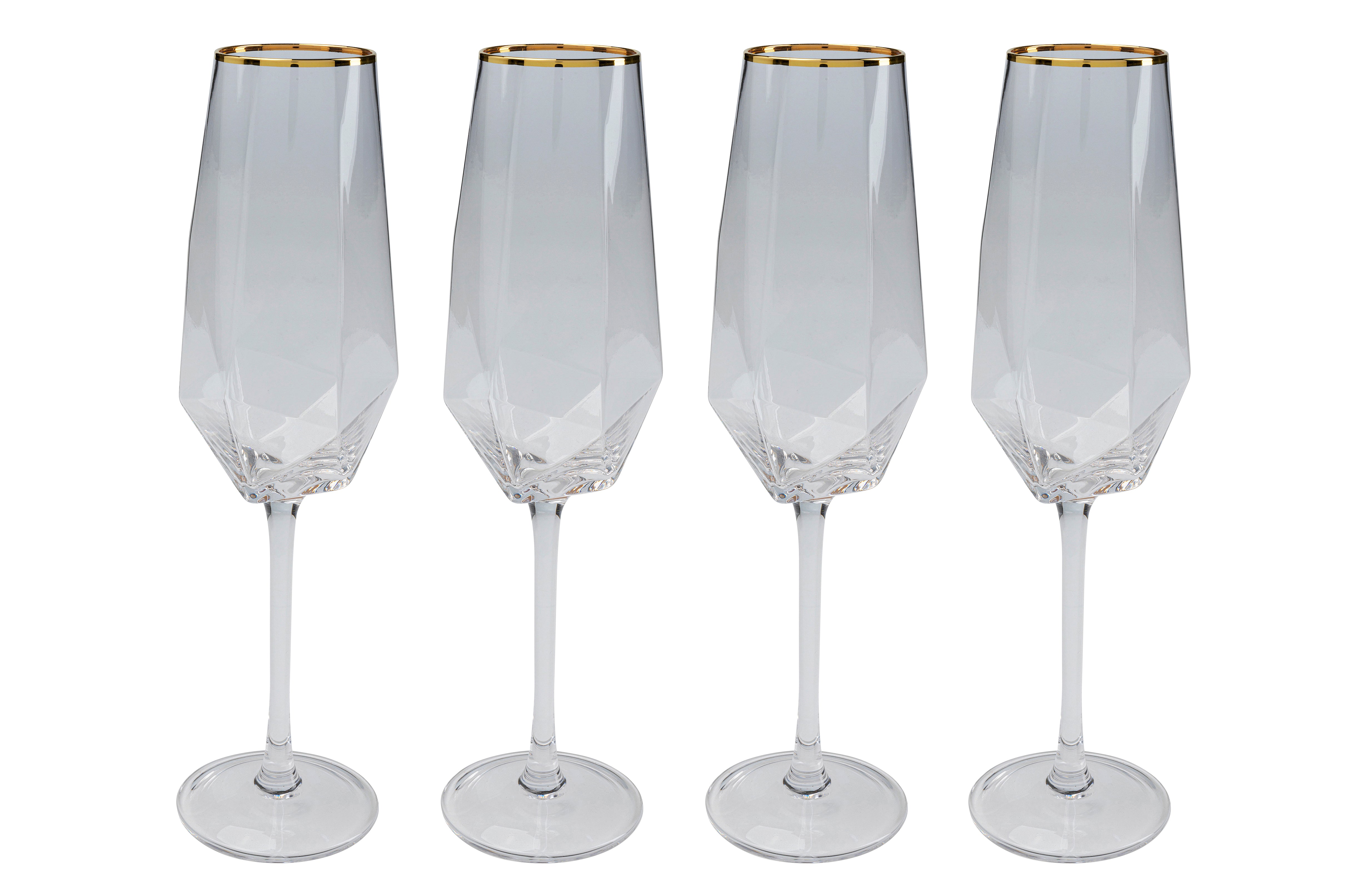 Elegantes Sektglas Diamant Goldrand (4/tlg.): Vier klare Kristallgläser mit facettiertem Diamant-Design und Goldrand, nebeneinander präsentiert auf weißem Hintergrund.