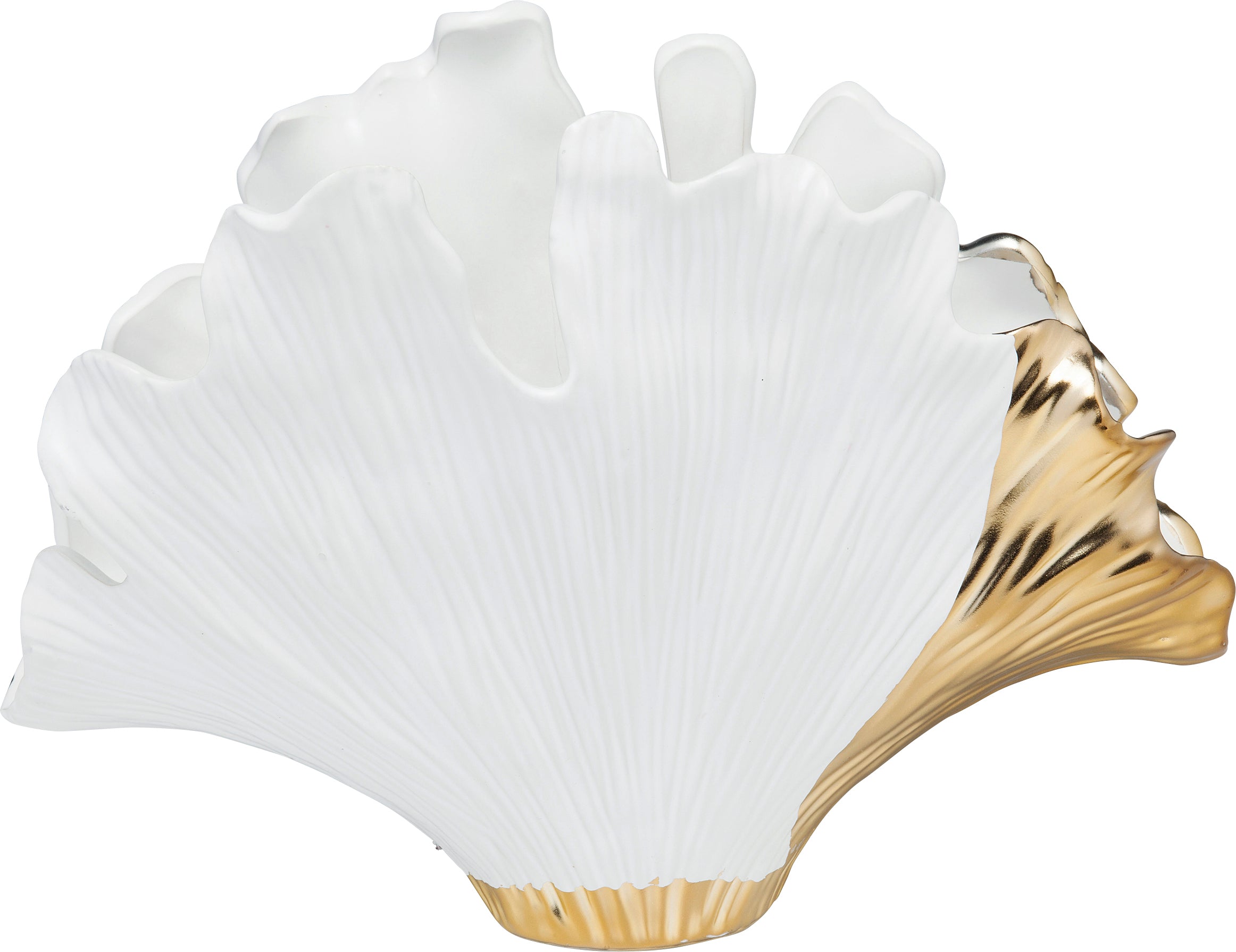 Die Vase Ginkgo Elegance ist eine dekorative Keramikvase in Form eines Fächers aus Ginkgoblättern mit einem mattweißen Finish und eleganten Goldakzenten am rechten Rand und am Boden.