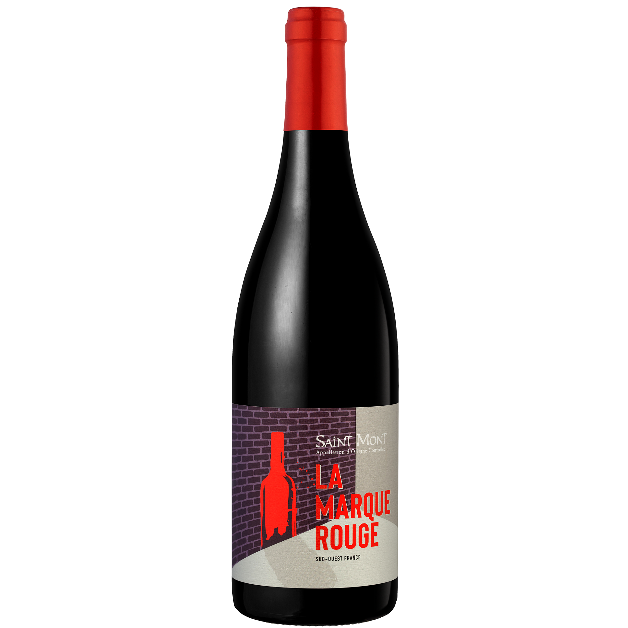Eine Flasche des Rotweins Saint Mont La Marque Rouge mit rotem Verschluss und modernem Etikettendesign.