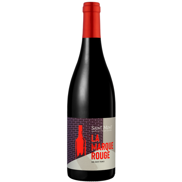 Eine Flasche des Rotweins Saint Mont La Marque Rouge mit rotem Verschluss und modernem Etikettendesign.
