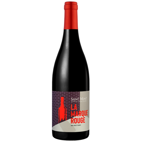 Eine Flasche des Rotweins Saint Mont La Marque Rouge mit rotem Verschluss und modernem Etikettendesign.