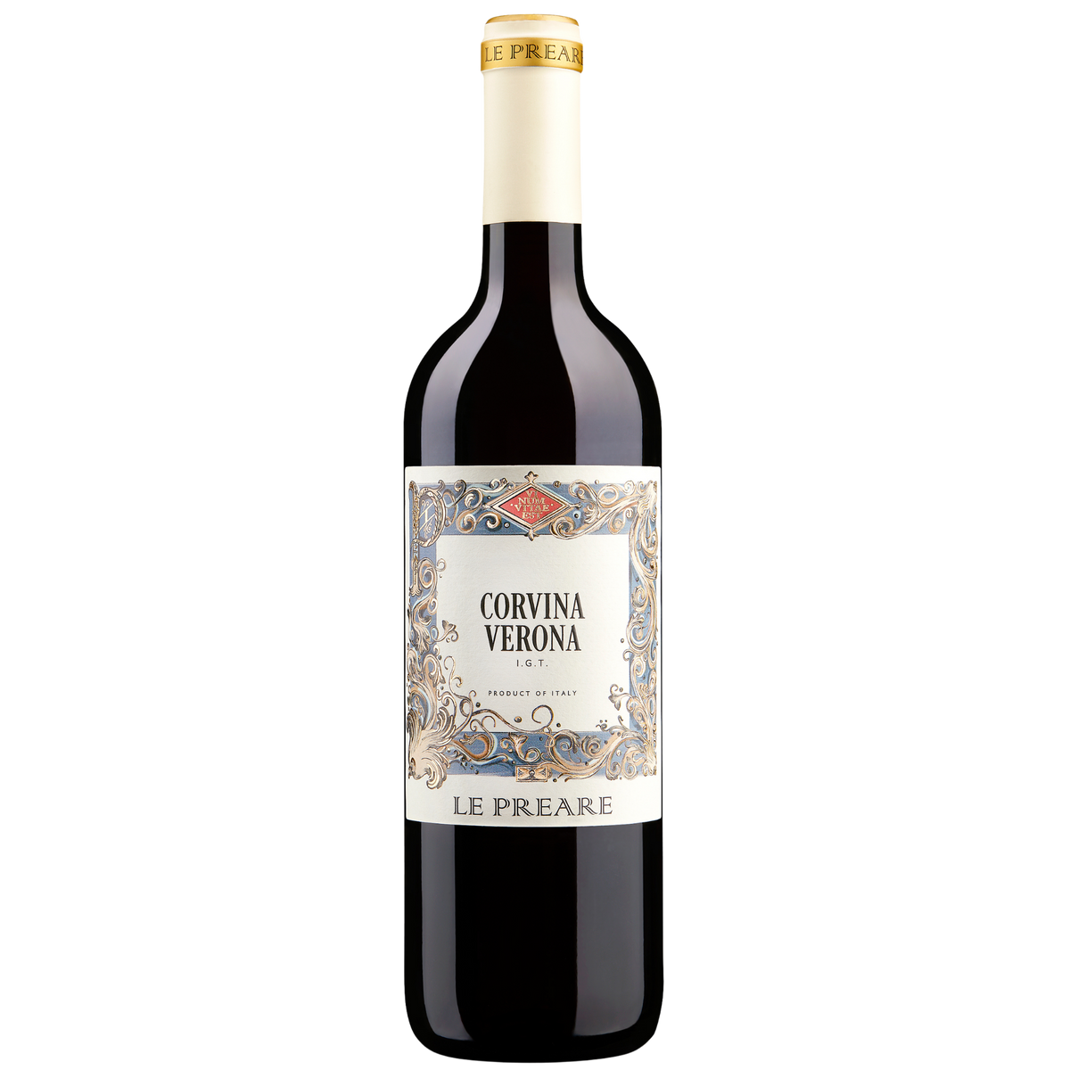Eine Flasche „Le Preare Corvina Verona“ Rotwein mit einem kunstvoll gestalteten Etikett, goldenen und blauen Akzenten sowie einem cremefarbenen Verschluss auf weißem Hintergrund.