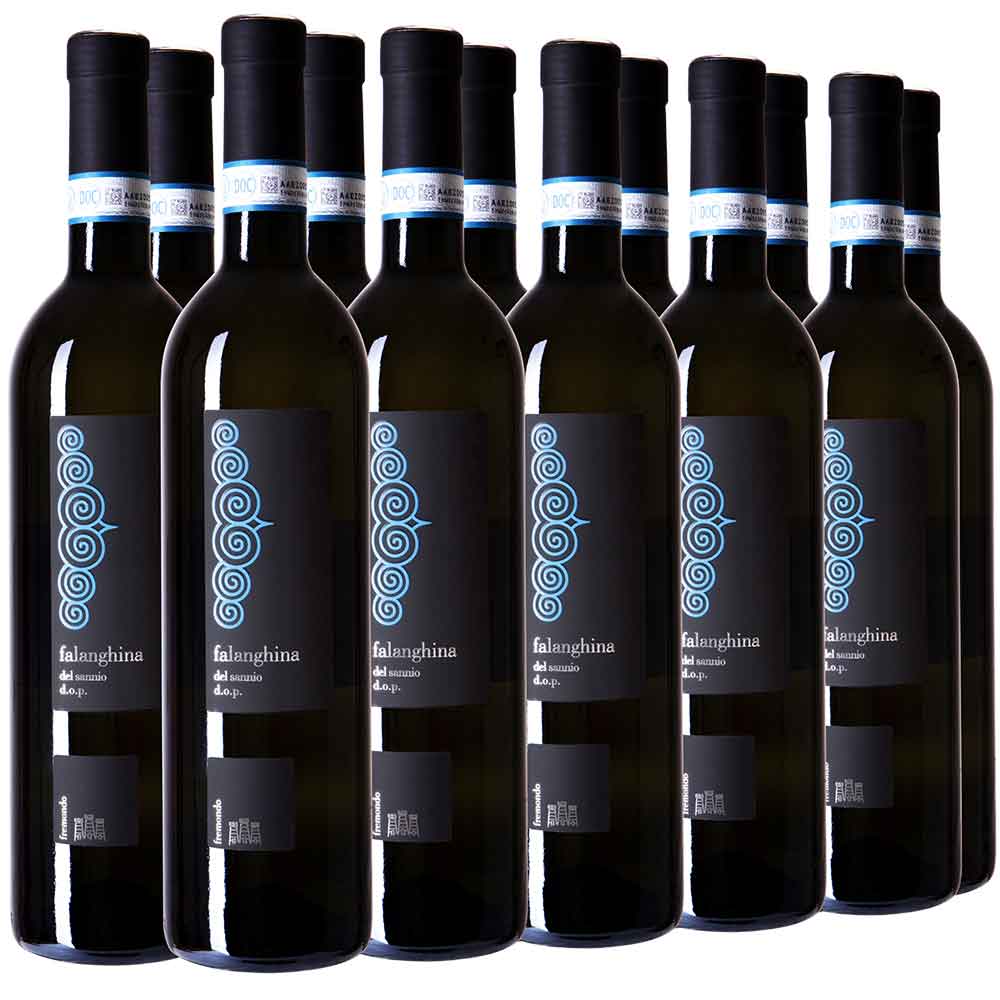 Zwölf  Flaschen Falanghina-Weißwein stehen in einer Reihe, die Etiketten sind nach vorne gerichtet, vor einem weißen Hintergrund.